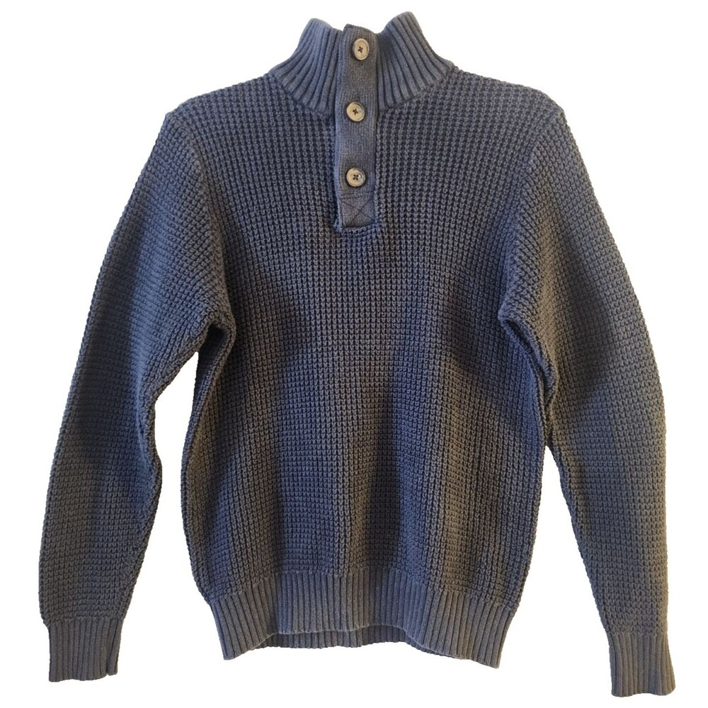 Weatherproof Mens Navy Blue Waffle Knit Cotton Button Mock Neck Sweater S